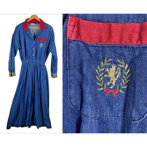 Vintage Jean Denim Shirt Dress 8 Lion Crest Corduroy Collar Country Western Core
